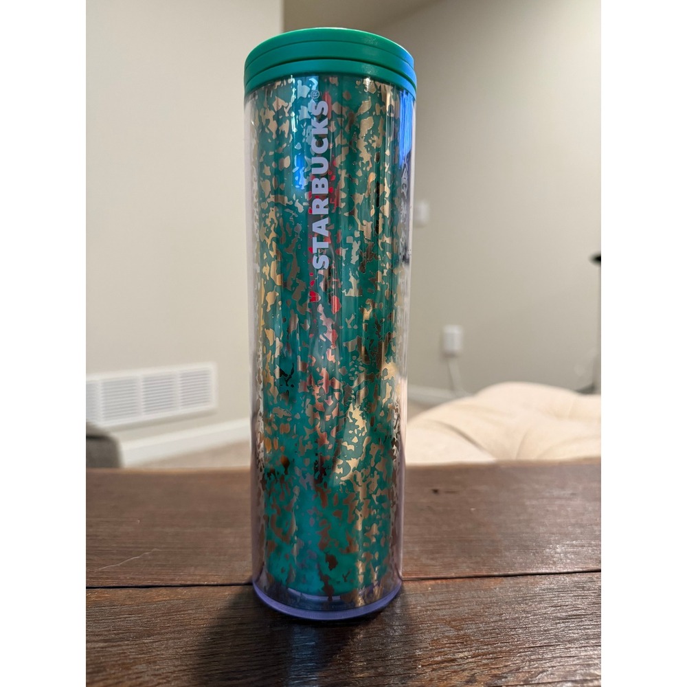 Starbucks Teal Gold Splatter Double Wall Acrylic Travel Tumbler 16oz Green Lid